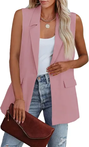 Cicy Bell Women's Sleeveless Blazer Vest Casual Open Front Single Button Summer Jacket with Pockets