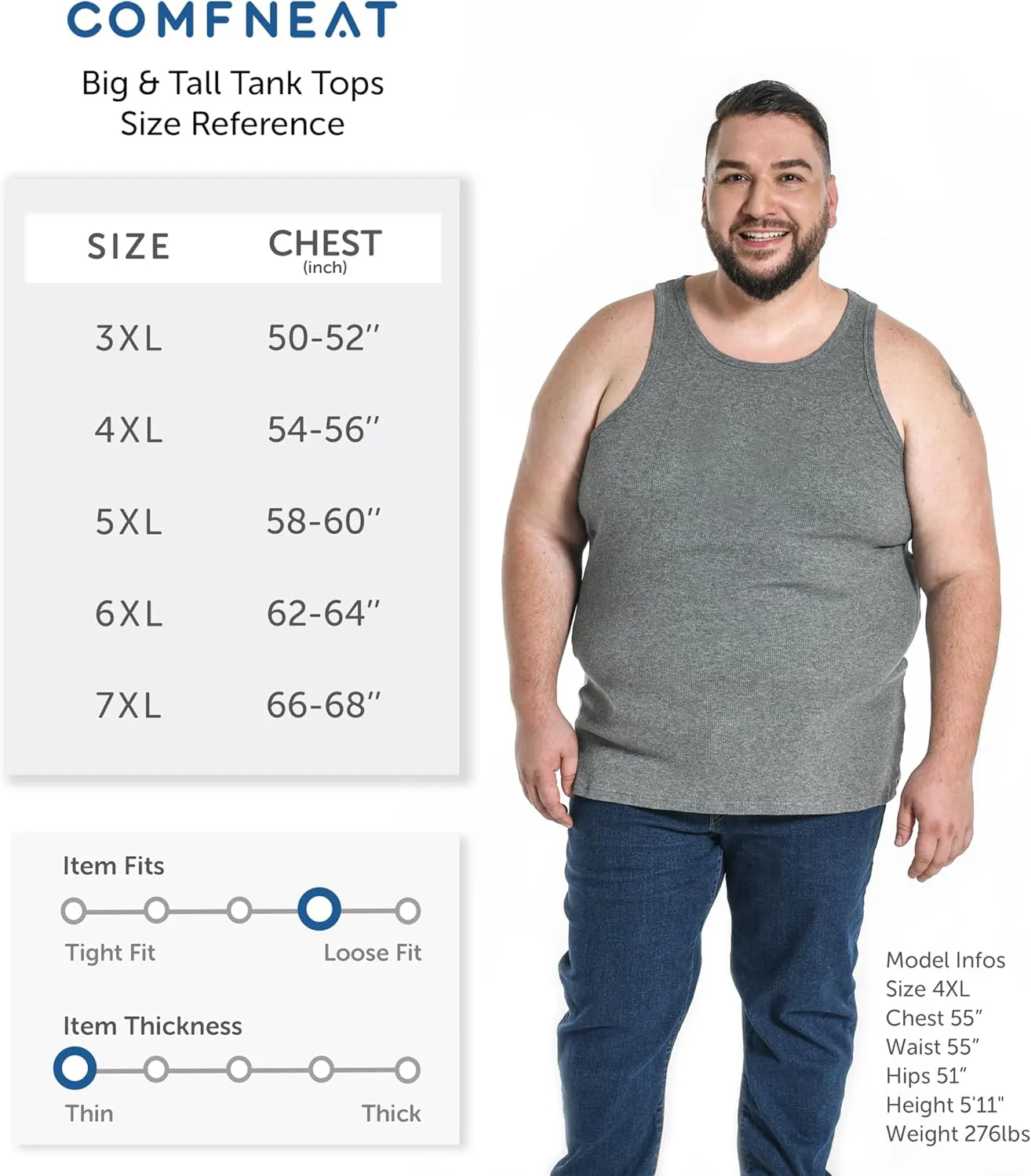 Comfneat Men's 4-Pack Big & Tall Undershirts Ribbed Cotton Tank Tops