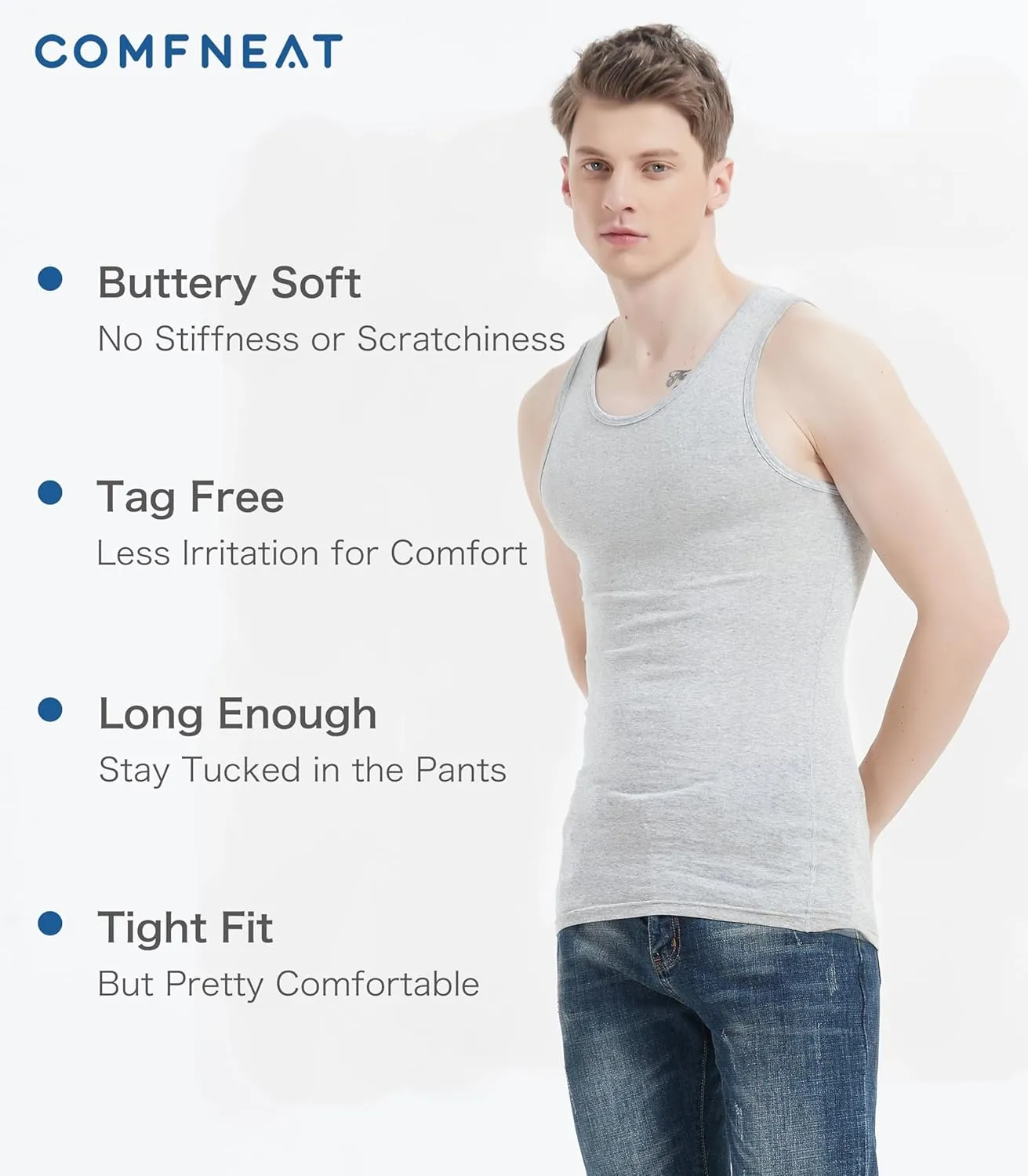 Comfneat Men's 6-Pack A-Shirts Tight Fit Tank Tops Cotton Spandex Undershirts