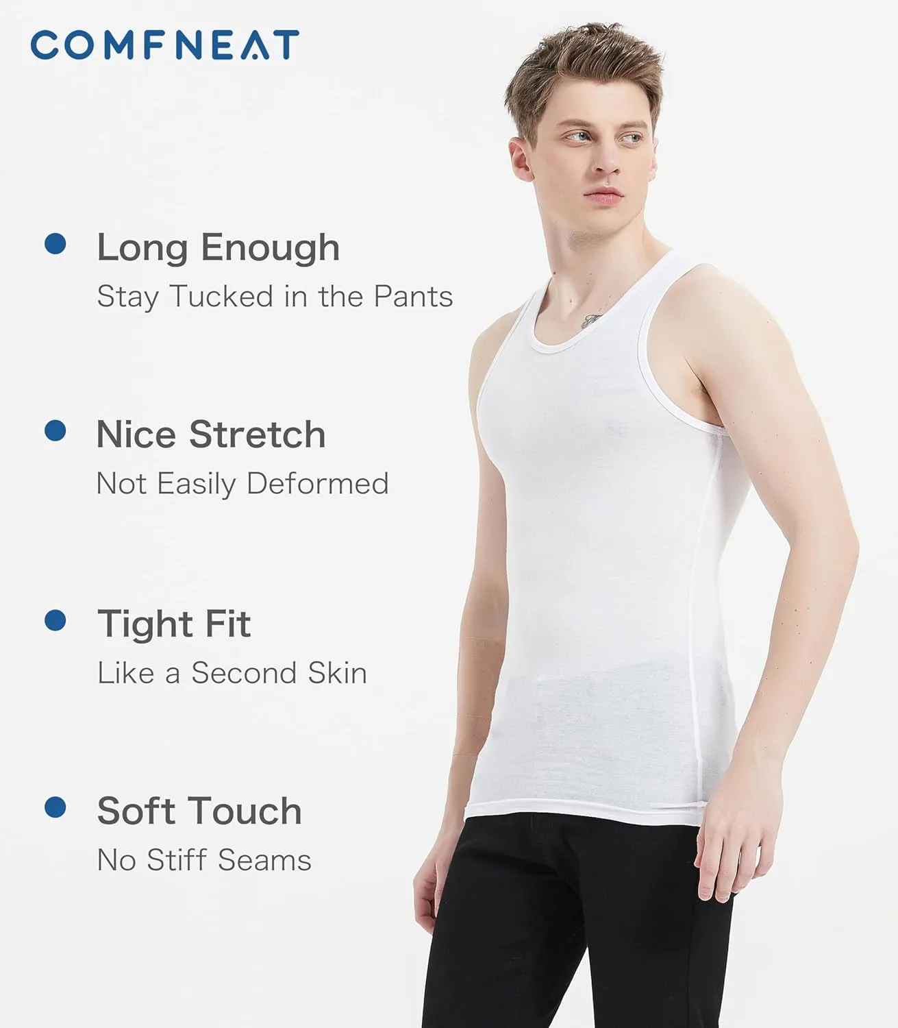 Comfneat Men's 6-Pack A-Shirts Tight Fit Tank Tops Cotton Spandex Undershirts