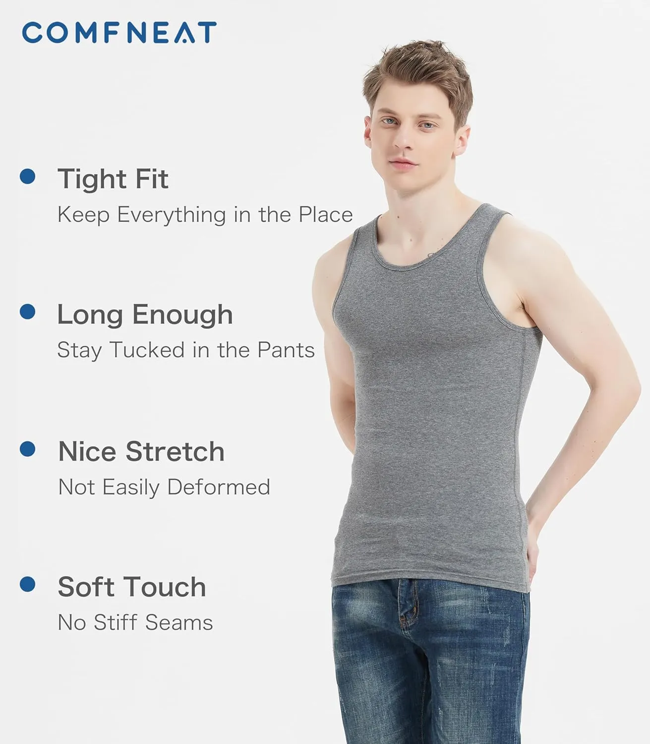 Comfneat Men's 6-Pack A-Shirts Tight Fit Tank Tops Cotton Spandex Undershirts