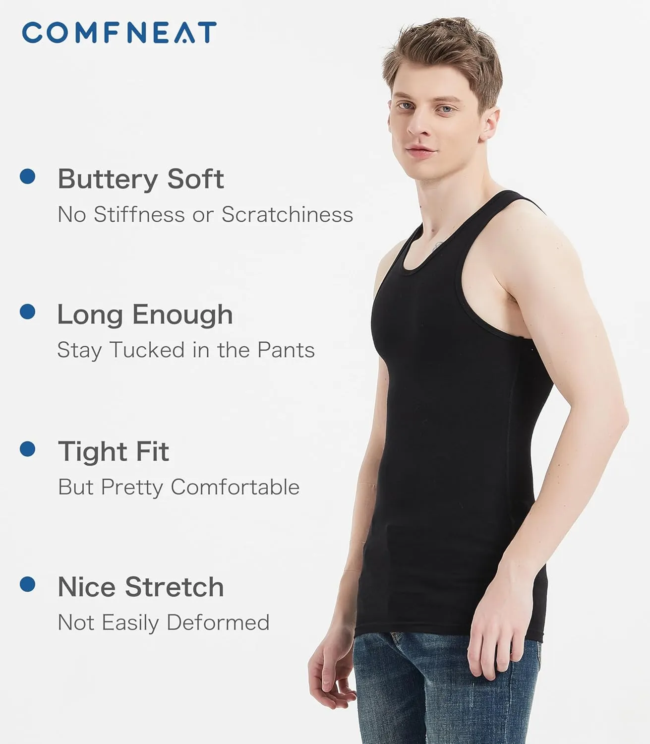 Comfneat Men's 6-Pack A-Shirts Tight Fit Tank Tops Cotton Spandex Undershirts