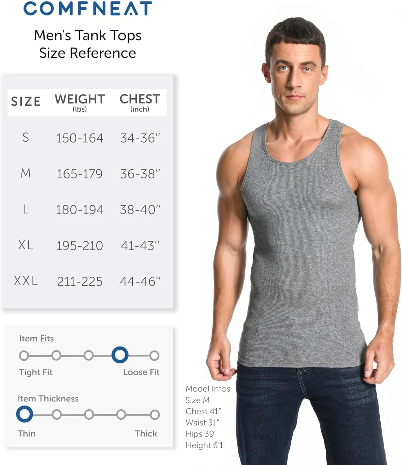 Comfneat Men's 6-Pack Ribbed Tank Tops Cotton Comfy Fit Undershirts