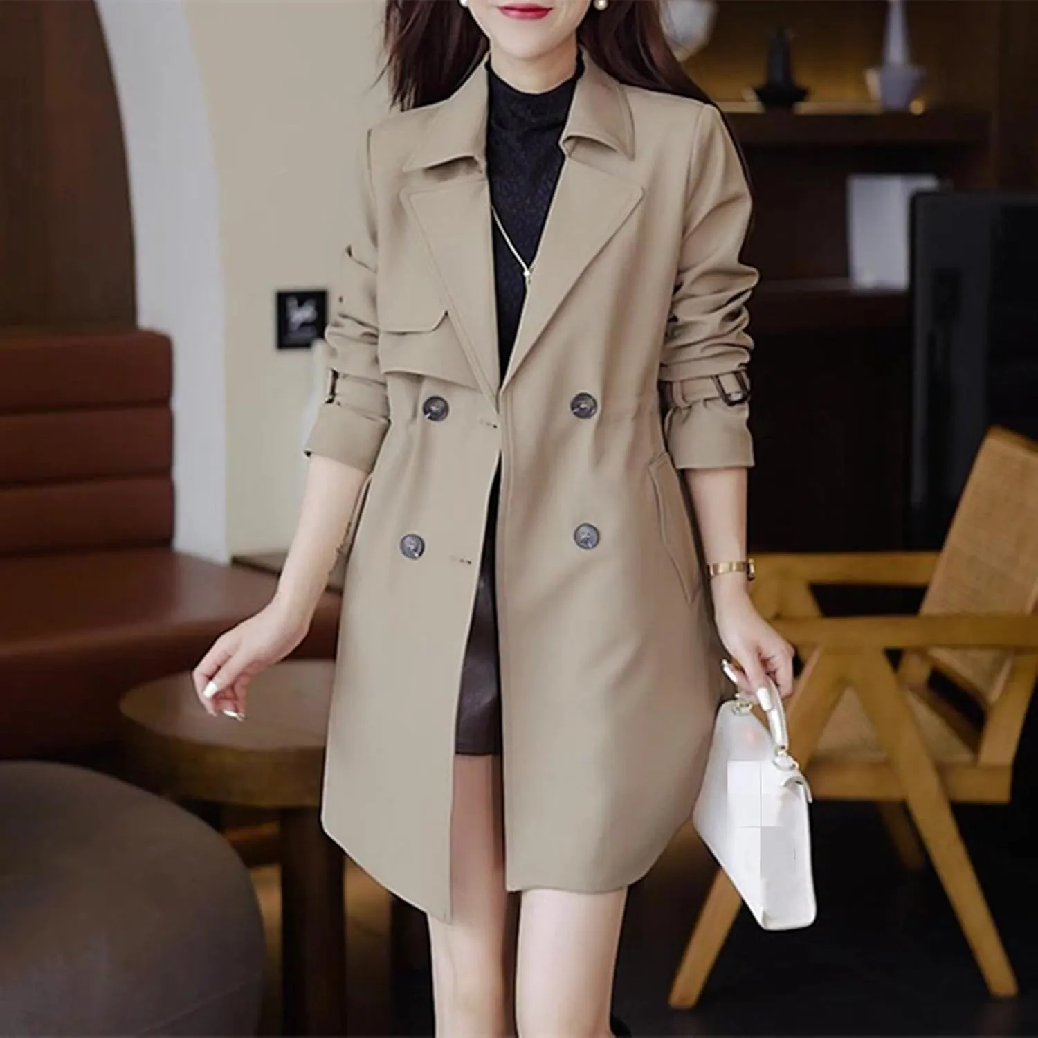 Comfortable Waisted Lapel Trench Coat,Fall Mid Long Double-Breasted Casual Slim Fit Coat,Fashion Pea Coats for Women