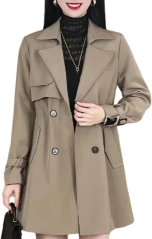 Comfortable Waisted Lapel Trench Coat,Fall Mid Long Double-Breasted Casual Slim Fit Coat,Fashion Pea Coats for Women