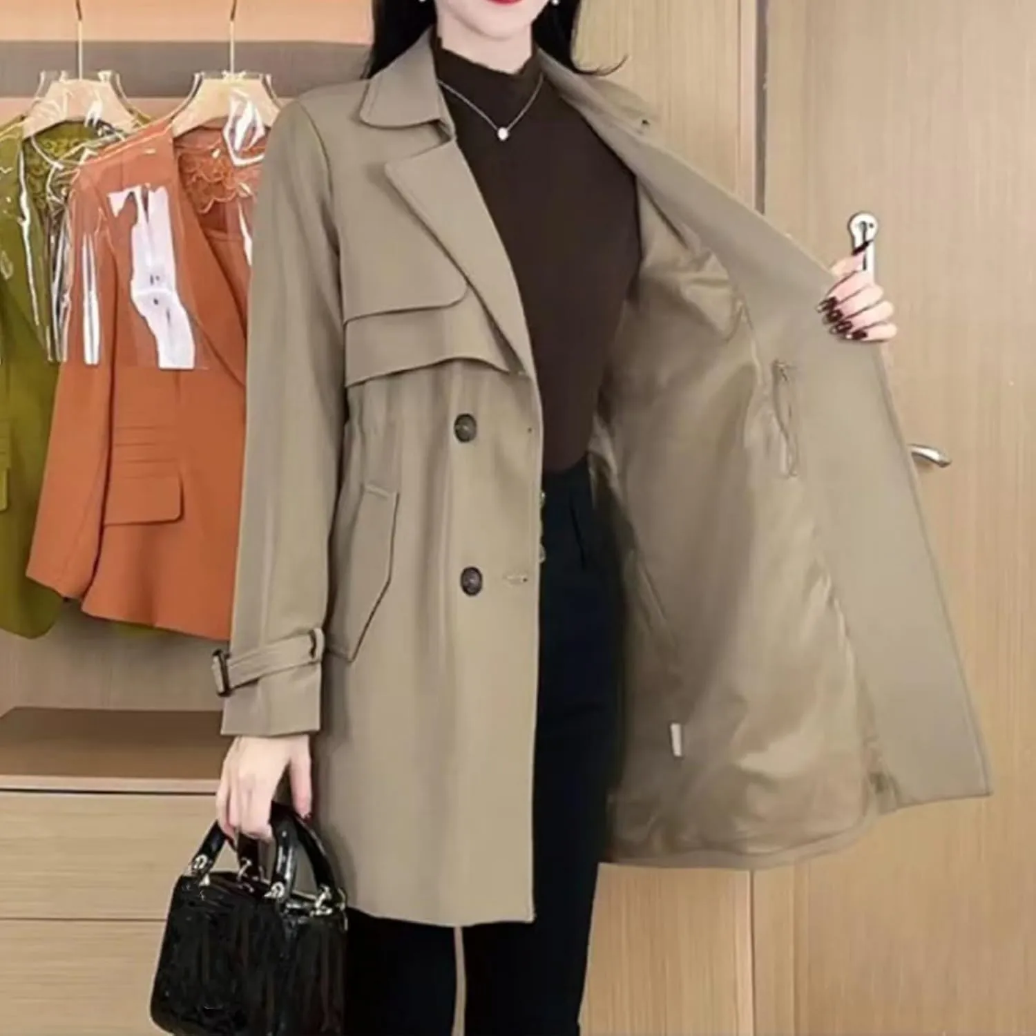 Comfortable Waisted Lapel Trench Coat,Fall Mid Long Double-Breasted Casual Slim Fit Coat,Fashion Pea Coats for Women