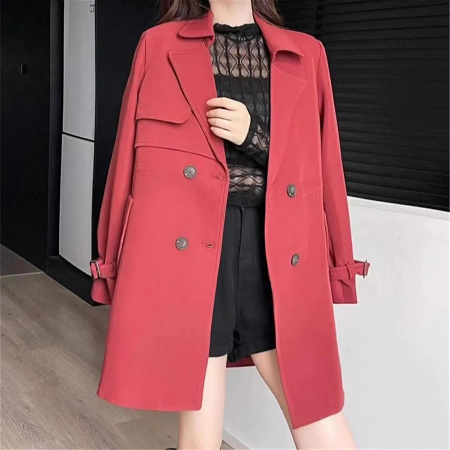 Comfortable Waisted Lapel Trench Coat,Fall Mid Long Double-Breasted Casual Slim Fit Coat,Fashion Pea Coats for Women