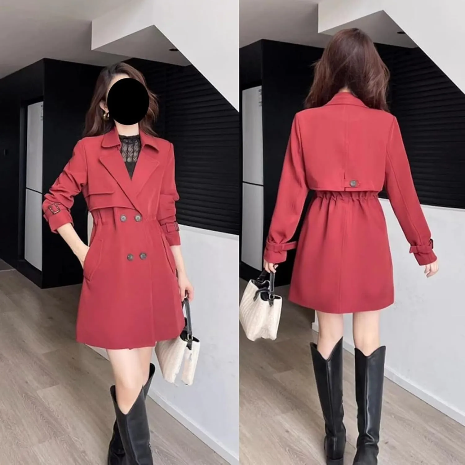 Comfortable Waisted Lapel Trench Coat,Fall Mid Long Double-Breasted Casual Slim Fit Coat,Fashion Pea Coats for Women