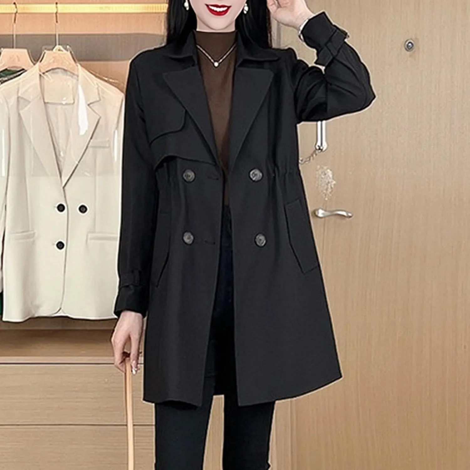 Comfortable Waisted Lapel Trench Coat,Fall Mid Long Double-Breasted Casual Slim Fit Coat,Fashion Pea Coats for Women