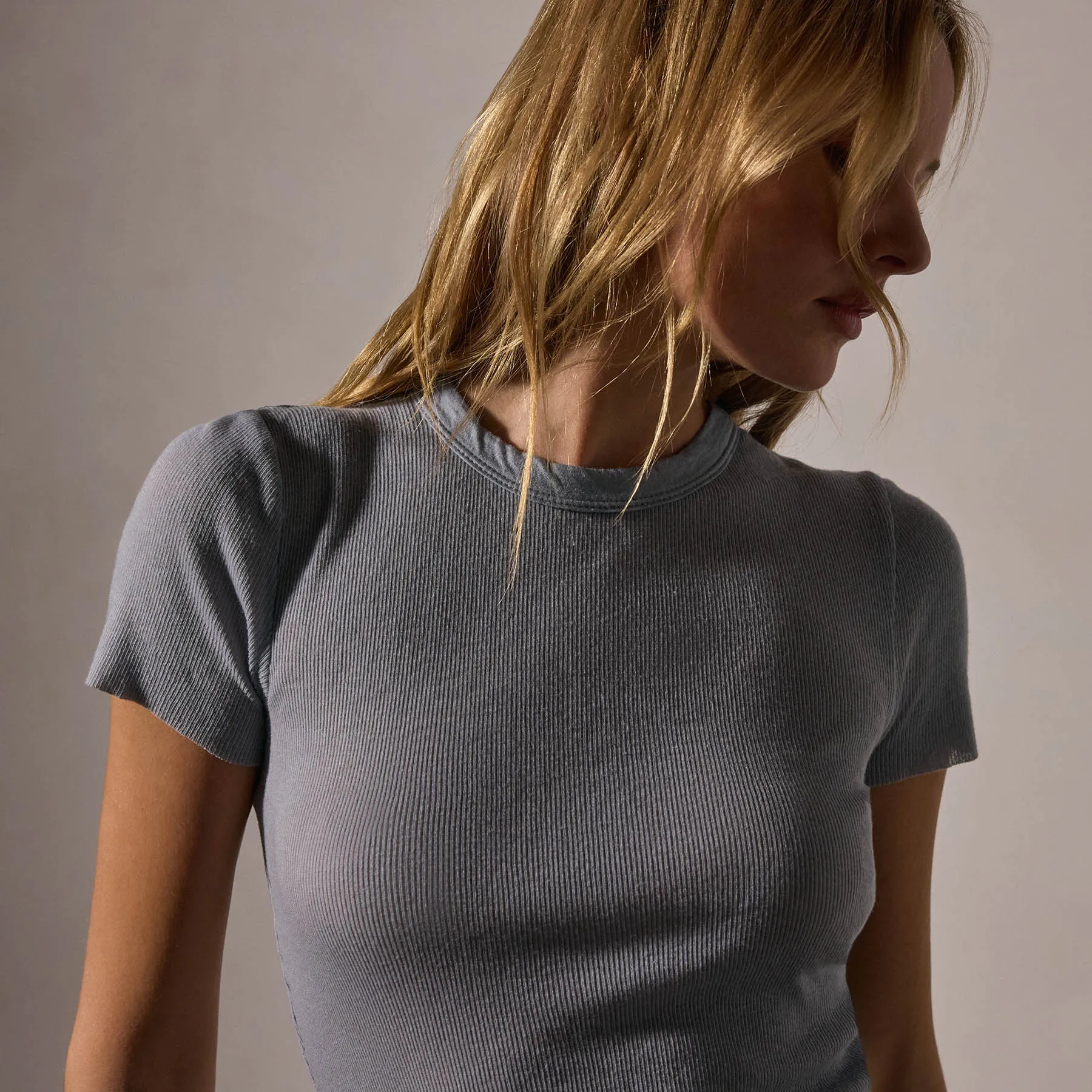 Cotton Cashmere Blend Ribbed Crew - Grey Sky
