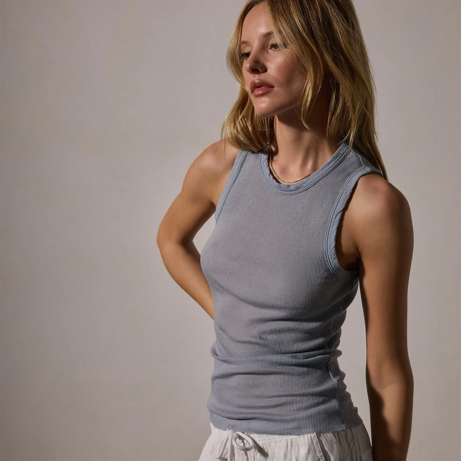 Cotton Cashmere Rib Shell Top - Grey Sky