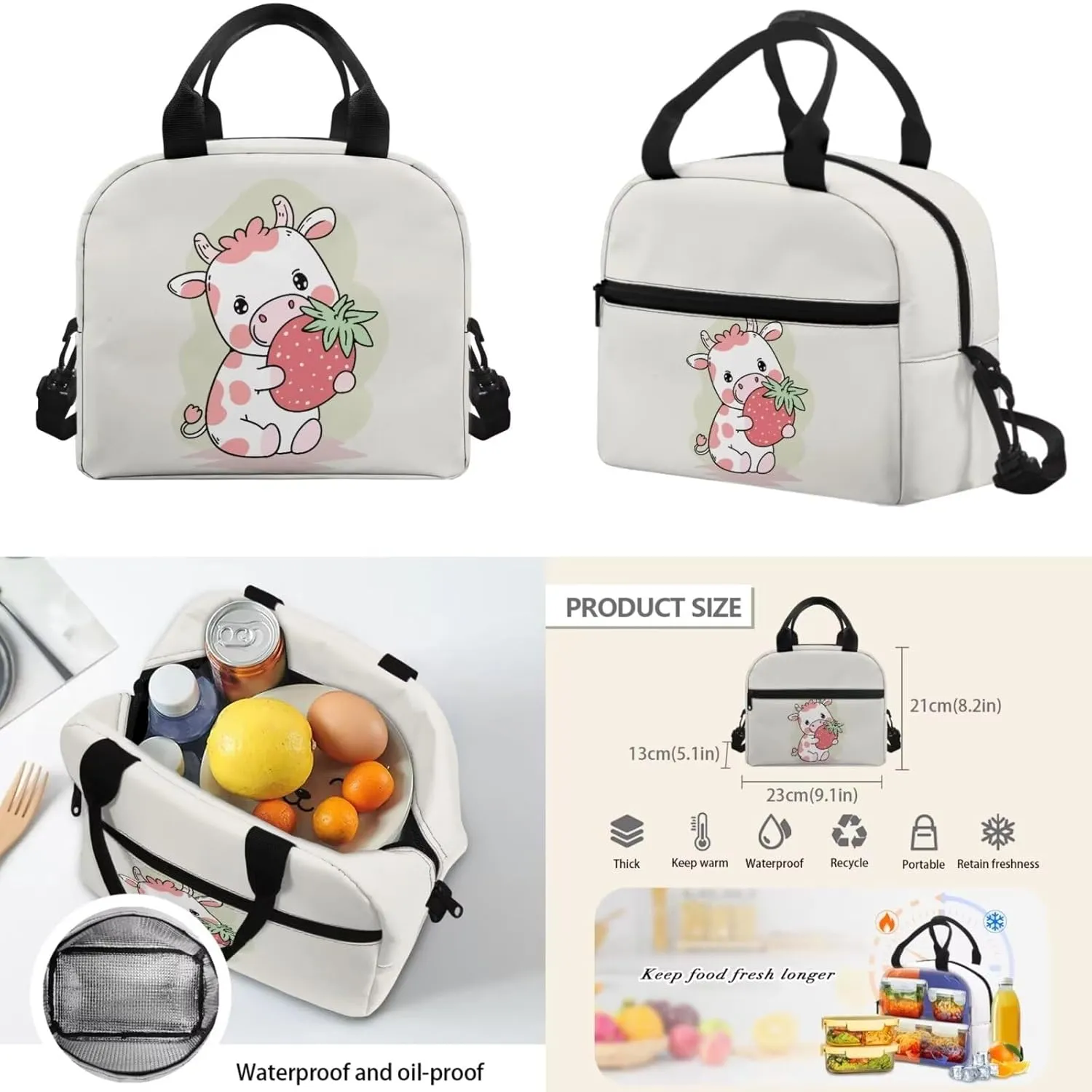 Cow Print Backpacks for Girls with Lunch Box Multi-Functional Shoulder Bag for School Teens Freezable Lunch Bag with Strap for Picnic Shopping Hiking