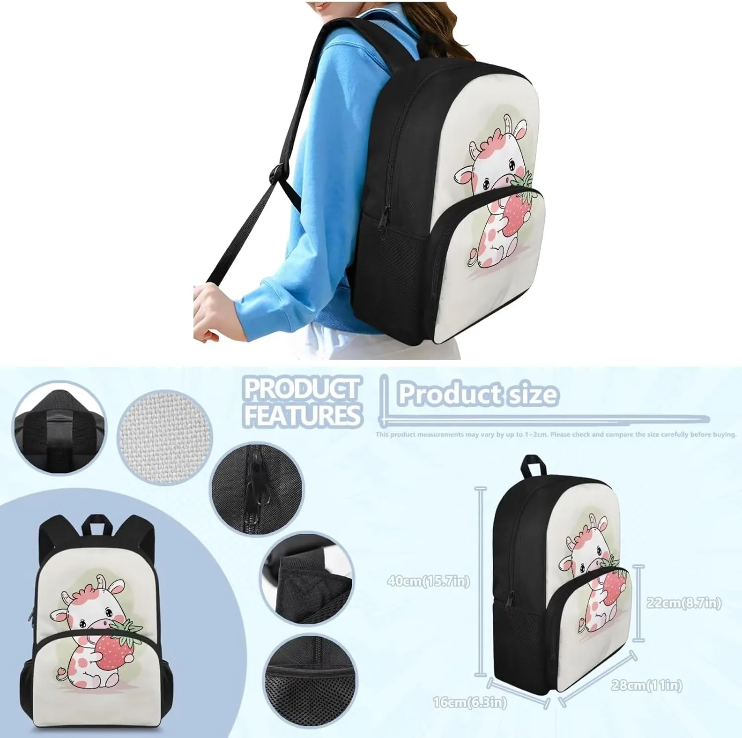 Cow Print Backpacks for Girls with Lunch Box Multi-Functional Shoulder Bag for School Teens Freezable Lunch Bag with Strap for Picnic Shopping Hiking