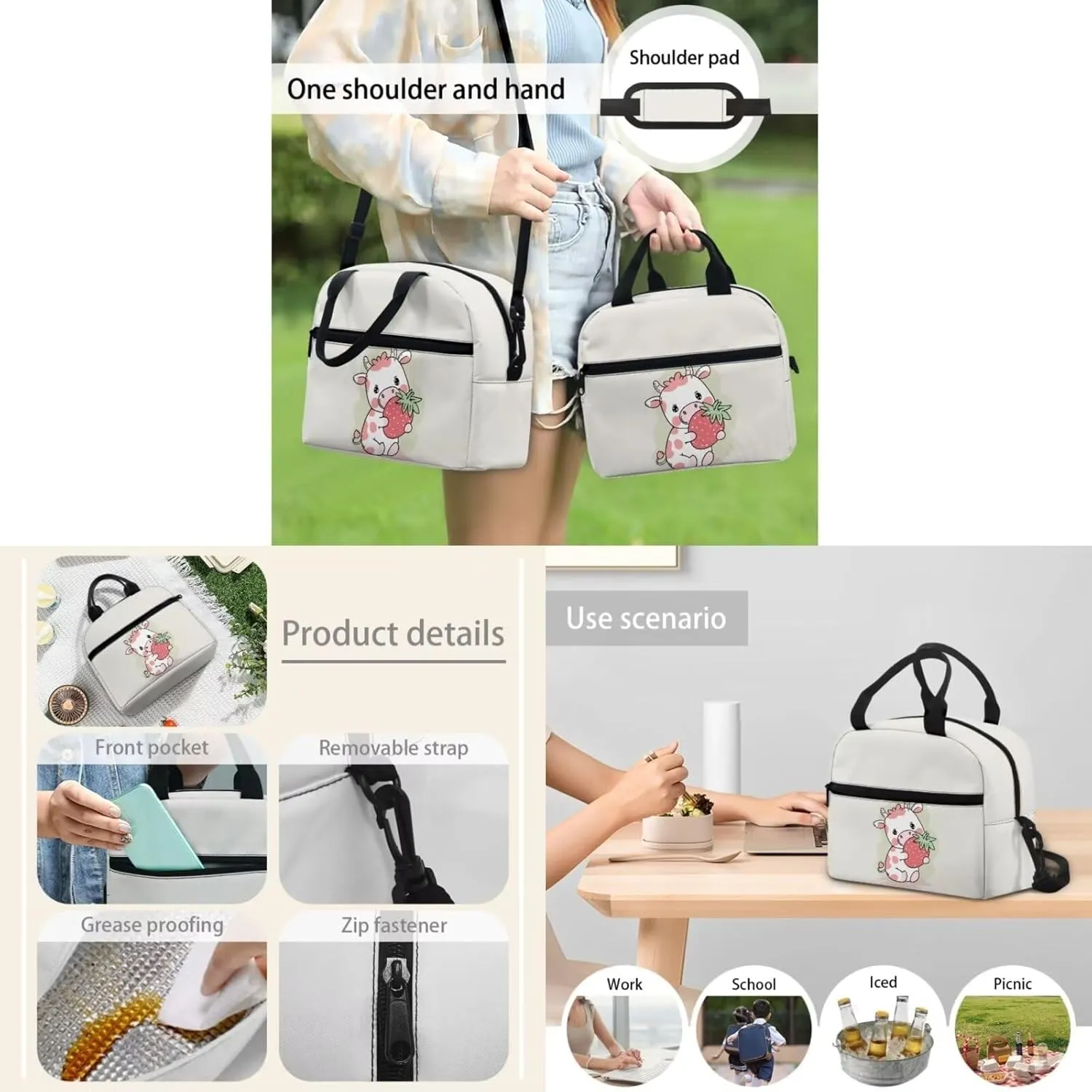 Cow Print Backpacks for Girls with Lunch Box Multi-Functional Shoulder Bag for School Teens Freezable Lunch Bag with Strap for Picnic Shopping Hiking
