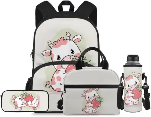 Cow Print Backpacks for Girls with Lunch Box Multi-Functional Shoulder Bag for School Teens Freezable Lunch Bag with Strap for Picnic Shopping Hiking