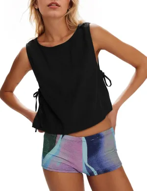 Crew Neck Crop Tank Tops for Women Loose Split Tie Side Sleeveless Cotton Linen Tops Summer Boxy Cropped Vest Tops