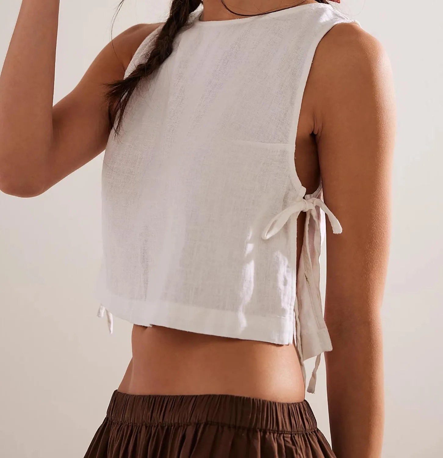 Crew Neck Crop Tank Tops for Women Loose Split Tie Side Sleeveless Cotton Linen Tops Summer Boxy Cropped Vest Tops