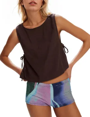 Crew Neck Crop Tank Tops for Women Loose Split Tie Side Sleeveless Cotton Linen Tops Summer Boxy Cropped Vest Tops