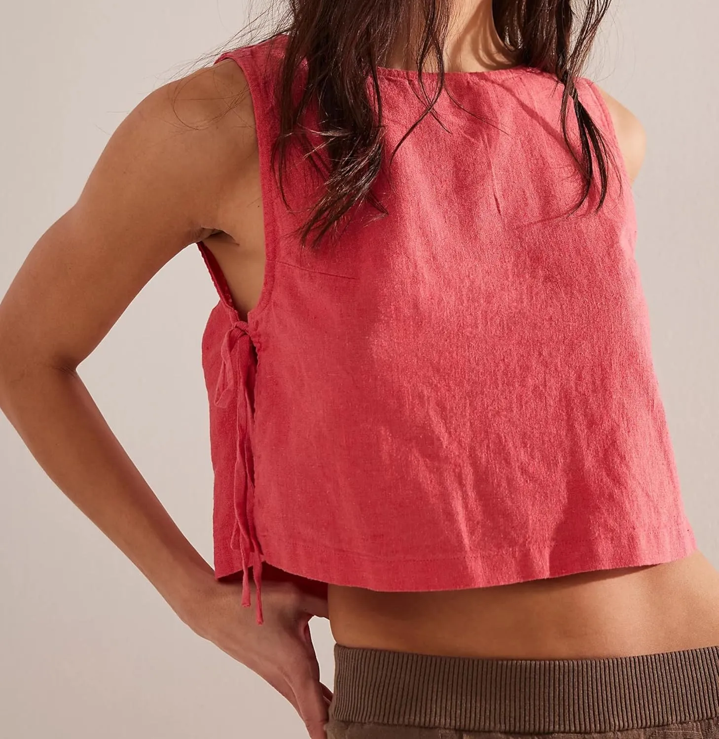 Crew Neck Crop Tank Tops for Women Loose Split Tie Side Sleeveless Cotton Linen Tops Summer Boxy Cropped Vest Tops