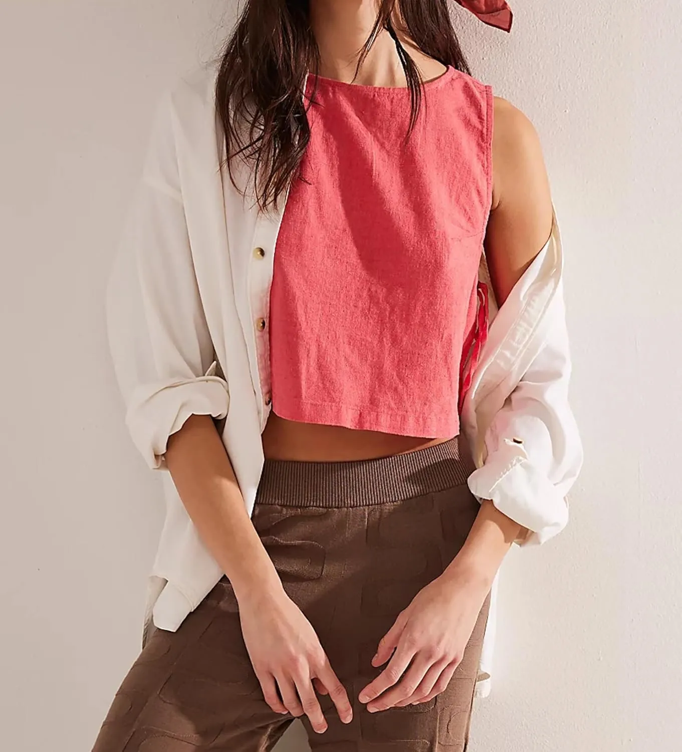 Crew Neck Crop Tank Tops for Women Loose Split Tie Side Sleeveless Cotton Linen Tops Summer Boxy Cropped Vest Tops