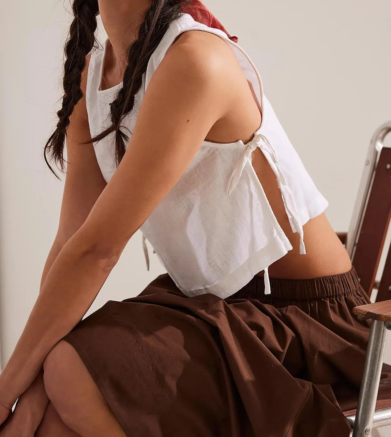 Crew Neck Crop Tank Tops for Women Loose Split Tie Side Sleeveless Cotton Linen Tops Summer Boxy Cropped Vest Tops