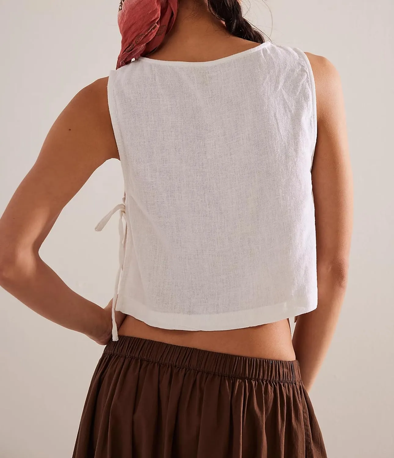 Crew Neck Crop Tank Tops for Women Loose Split Tie Side Sleeveless Cotton Linen Tops Summer Boxy Cropped Vest Tops