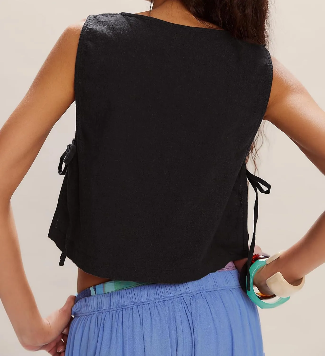 Crew Neck Crop Tank Tops for Women Loose Split Tie Side Sleeveless Cotton Linen Tops Summer Boxy Cropped Vest Tops