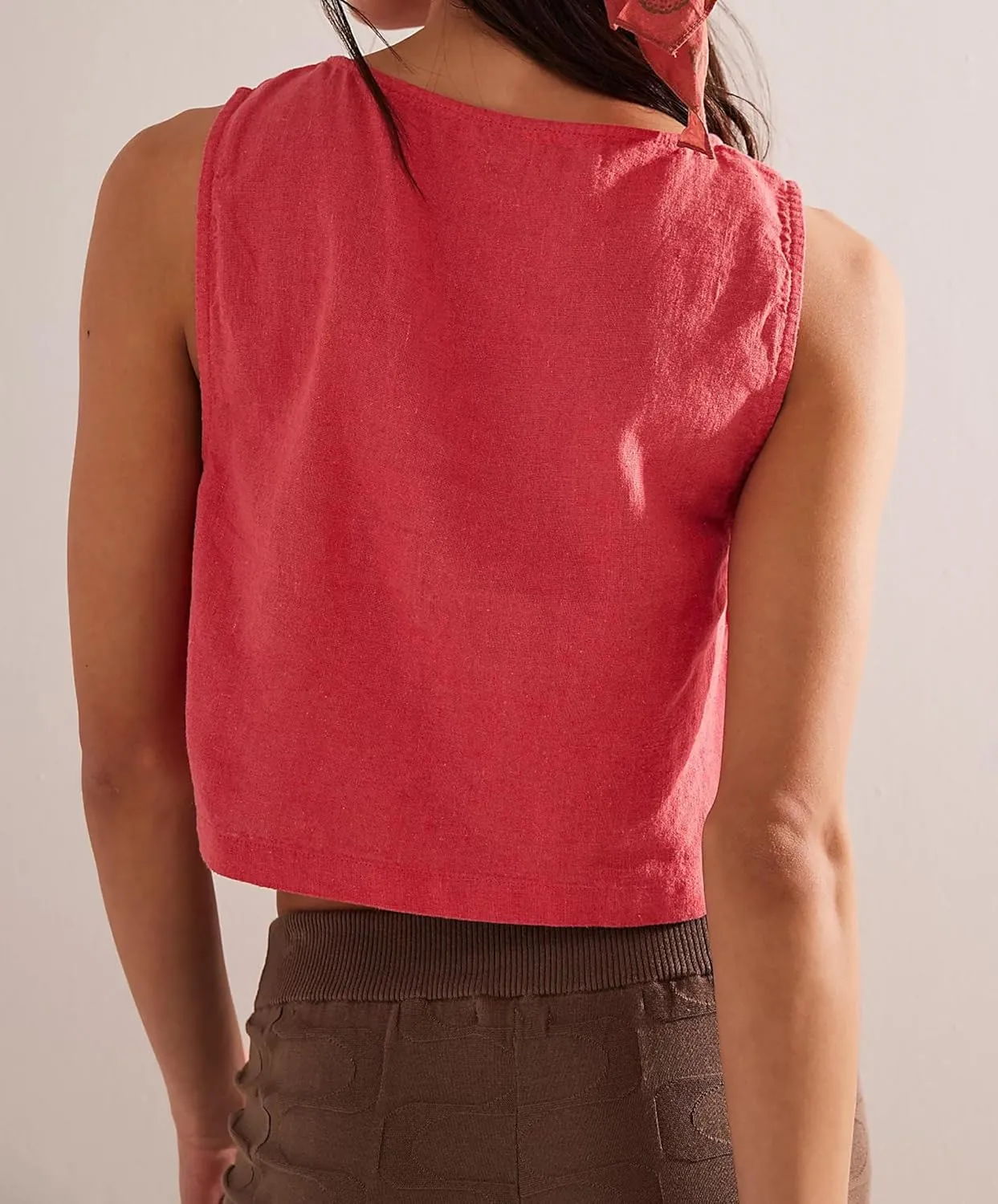 Crew Neck Crop Tank Tops for Women Loose Split Tie Side Sleeveless Cotton Linen Tops Summer Boxy Cropped Vest Tops