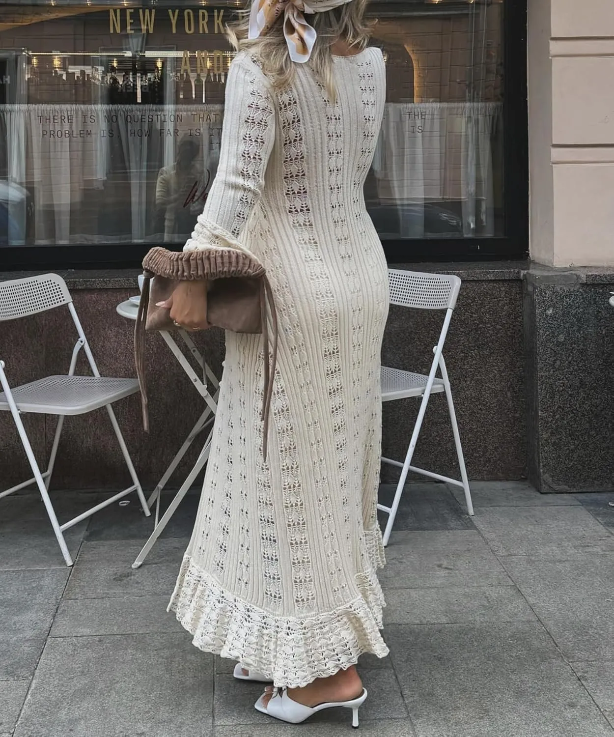 Crochet Cardigans for Women Hollow Out Knitted V Neck Long Sleeve Button Up Beach Cover Up Vacation Maxi Dress