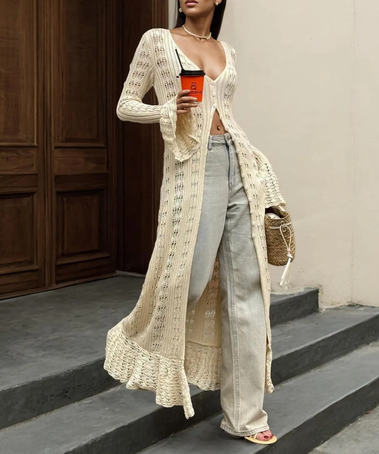 Crochet Cardigans for Women Hollow Out Knitted V Neck Long Sleeve Button Up Beach Cover Up Vacation Maxi Dress