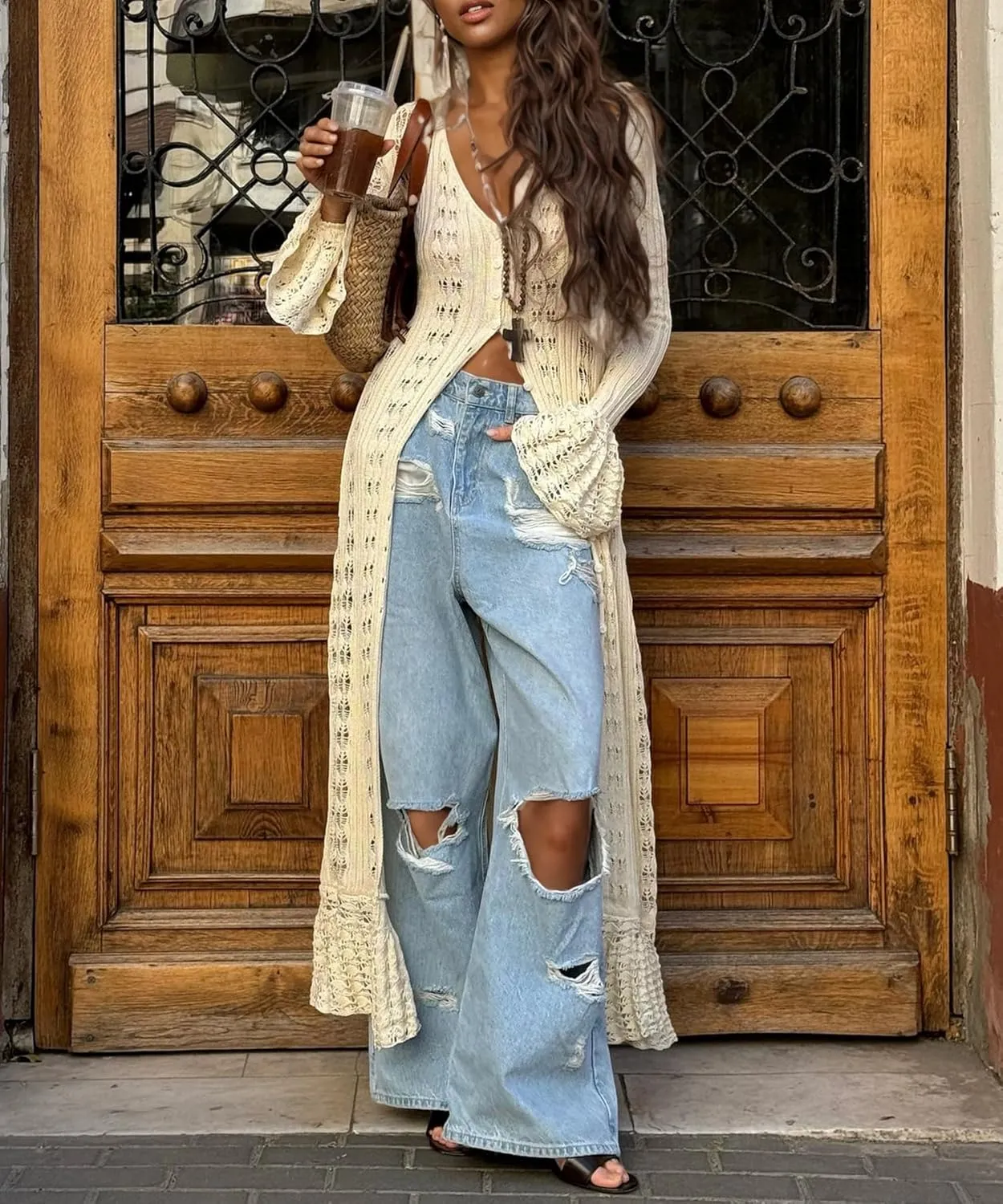 Crochet Cardigans for Women Hollow Out Knitted V Neck Long Sleeve Button Up Beach Cover Up Vacation Maxi Dress