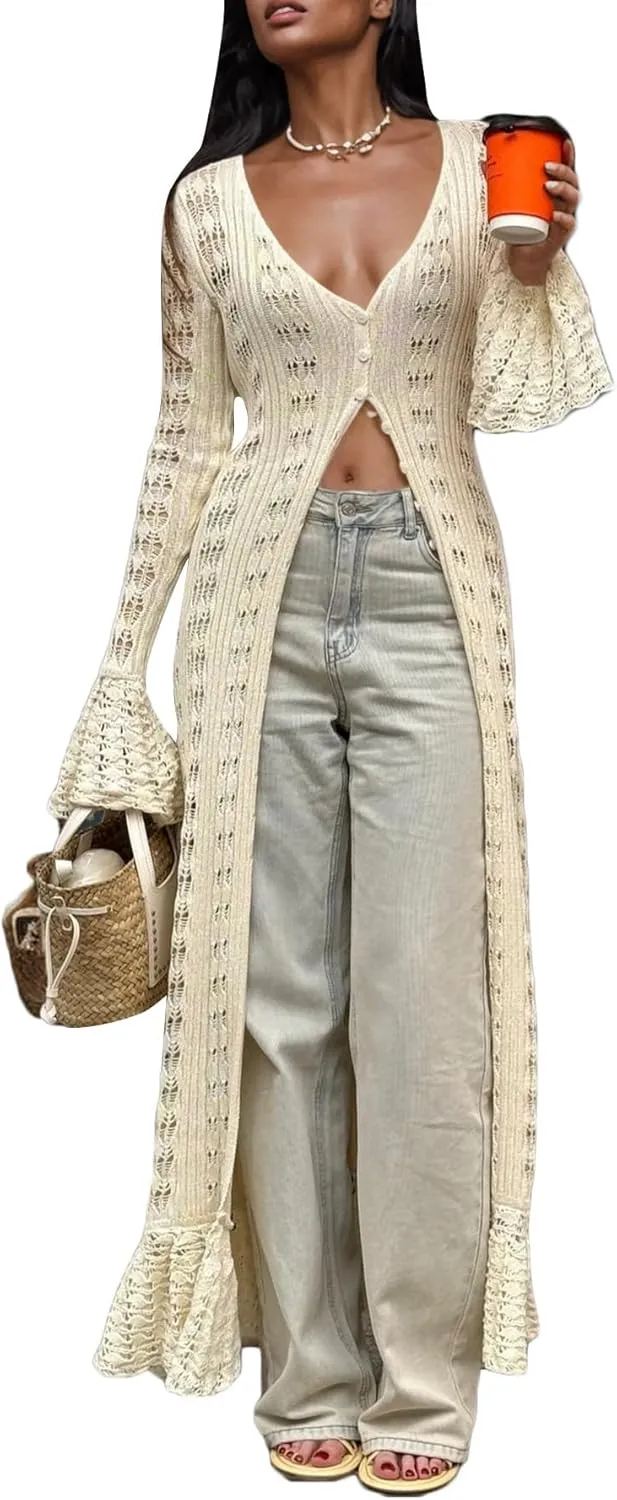 Crochet Cardigans for Women Hollow Out Knitted V Neck Long Sleeve Button Up Beach Cover Up Vacation Maxi Dress