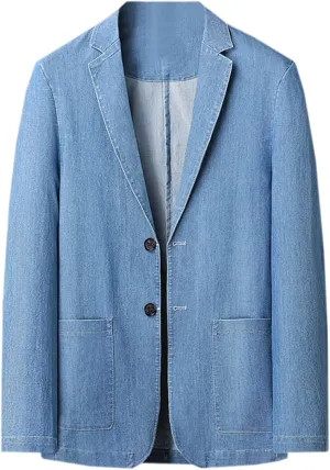 Cromoncent Men's Denim Sport Coat Classic Notched Collar 2 Button Blazer Jacket