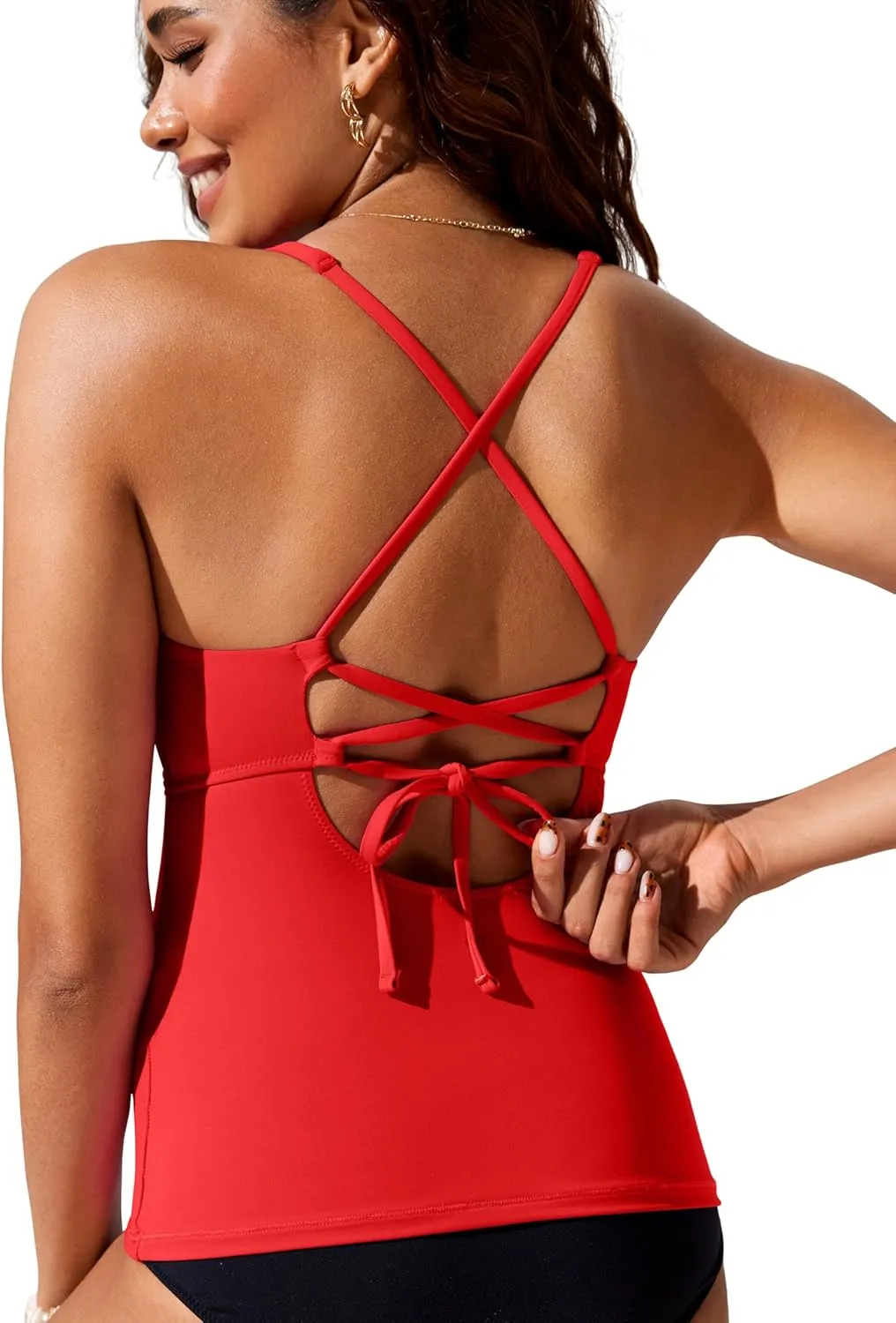CRZ YOGA Tankini Tops for Women Crossover Adjustable Tie Back Bathing Suits Swimsuit Only No Bottom Padded