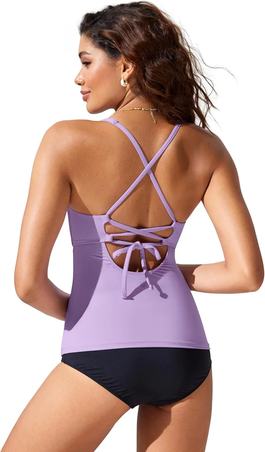 CRZ YOGA Tankini Tops for Women Crossover Adjustable Tie Back Bathing Suits Swimsuit Only No Bottom Padded