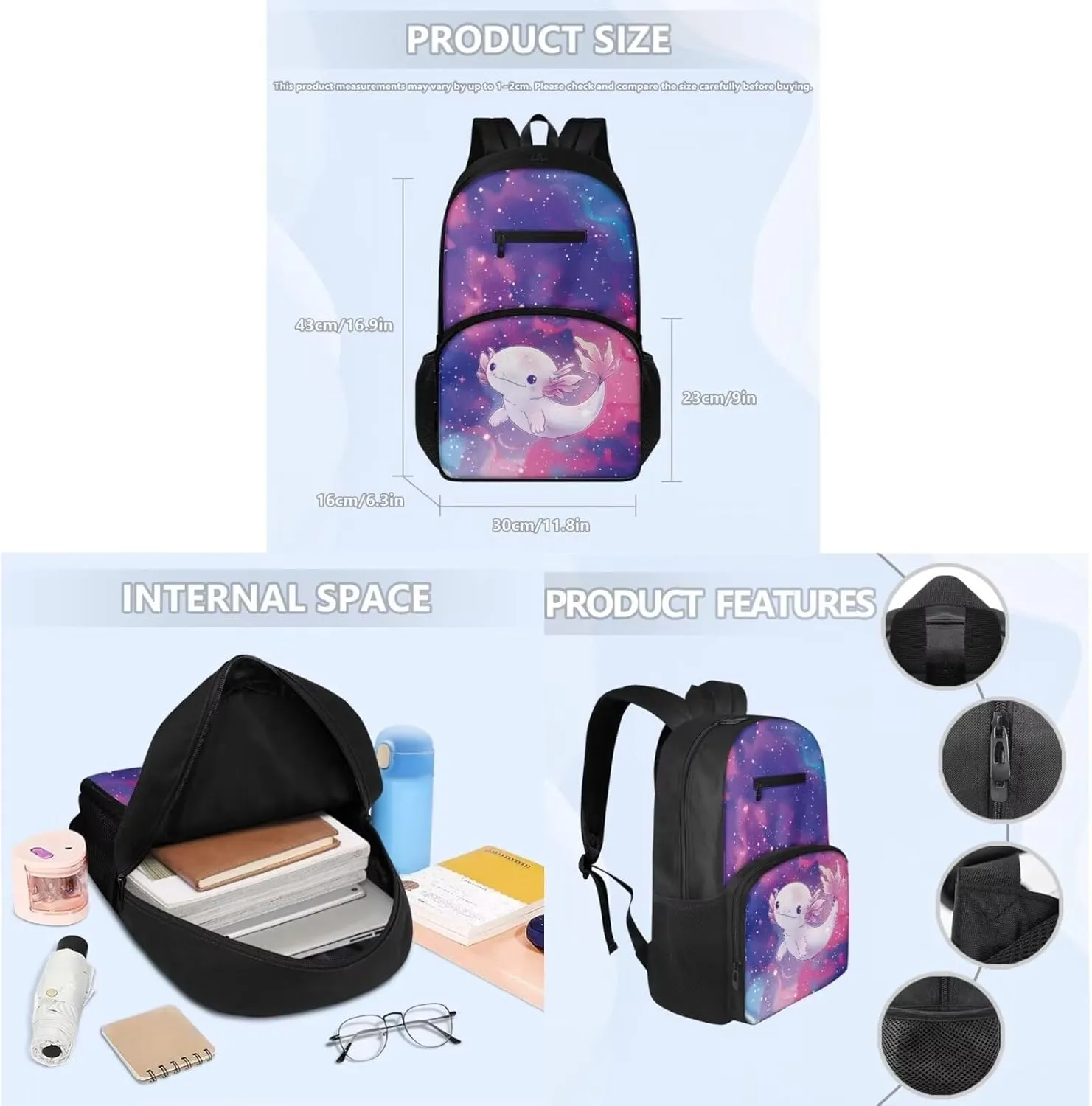 Cute Axolotl Girls Backpack for Kids 6-8 Galaxy Print Backpack for School Multi-functional Rucksack Insulated Lunch Bag with Small Pencil Case 3 Pieces
