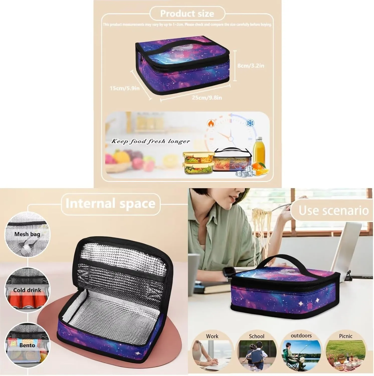 Cute Axolotl Girls Backpack for Kids 6-8 Galaxy Print Backpack for School Multi-functional Rucksack Insulated Lunch Bag with Small Pencil Case 3 Pieces