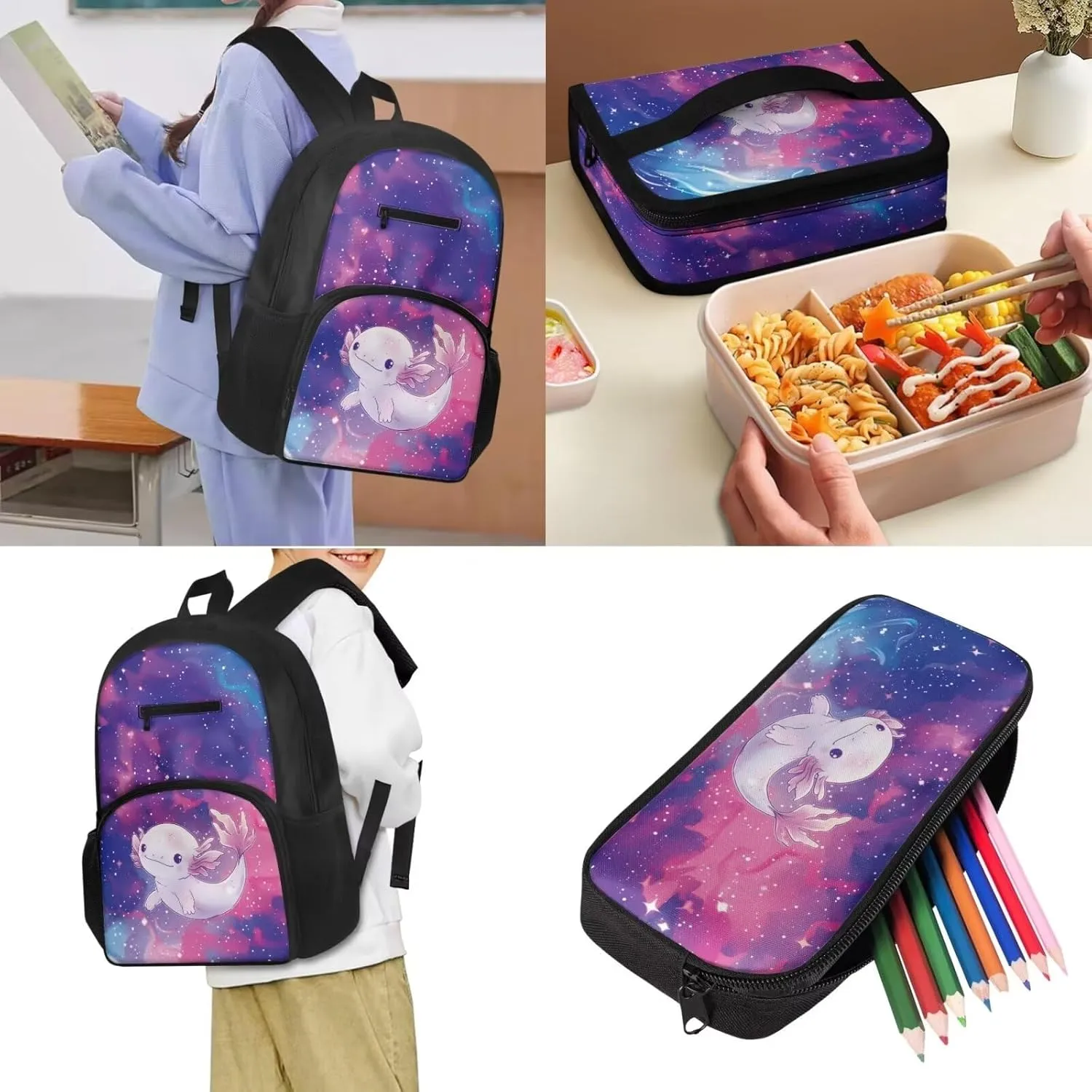 Cute Axolotl Girls Backpack for Kids 6-8 Galaxy Print Backpack for School Multi-functional Rucksack Insulated Lunch Bag with Small Pencil Case 3 Pieces