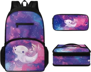 Cute Axolotl Girls Backpack for Kids 6-8 Galaxy Print Backpack for School Multi-functional Rucksack Insulated Lunch Bag with Small Pencil Case 3 Pieces