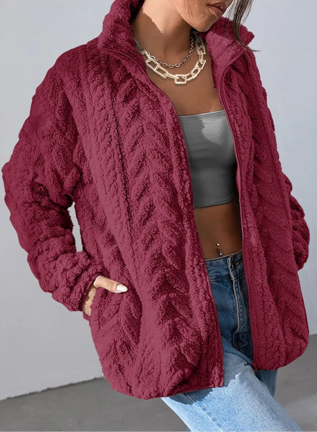 Dokotoo Winter Fleece Jacket for Women Oversized Zipper Up 2024 Stand Collar with Pockets Baggy Coats