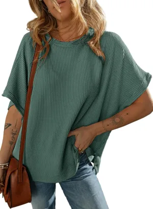 Dokotoo Women's Casual Oversized Short Sleeve Solid Color Loose Texture Knit Tunic Tops Blouses