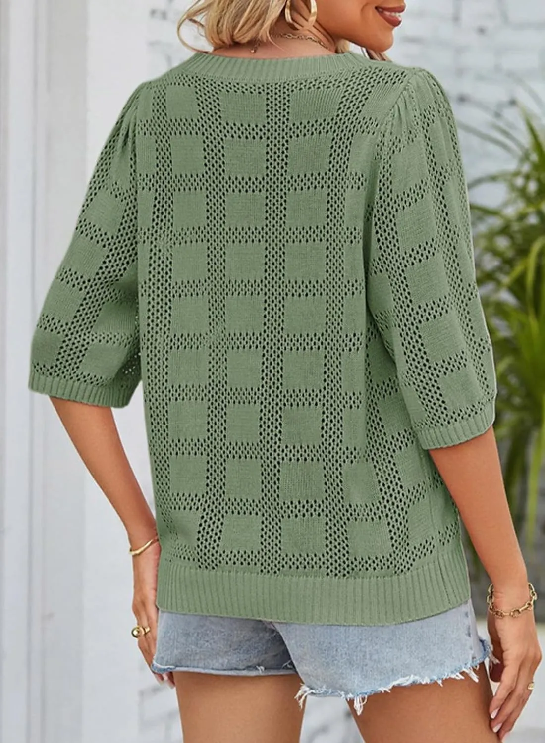 Dokotoo Women's Casual Short Sleeve Loose Tunic Tops Lightweight Crochet Knit Summer Sweaters Blouses