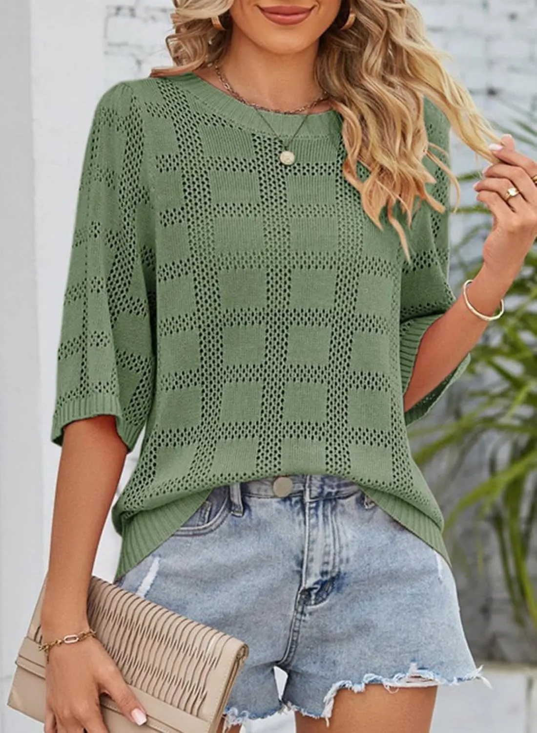 Dokotoo Women's Casual Short Sleeve Loose Tunic Tops Lightweight Crochet Knit Summer Sweaters Blouses
