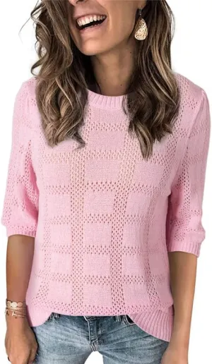 Dokotoo Women's Casual Short Sleeve Loose Tunic Tops Lightweight Crochet Knit Summer Sweaters Blouses
