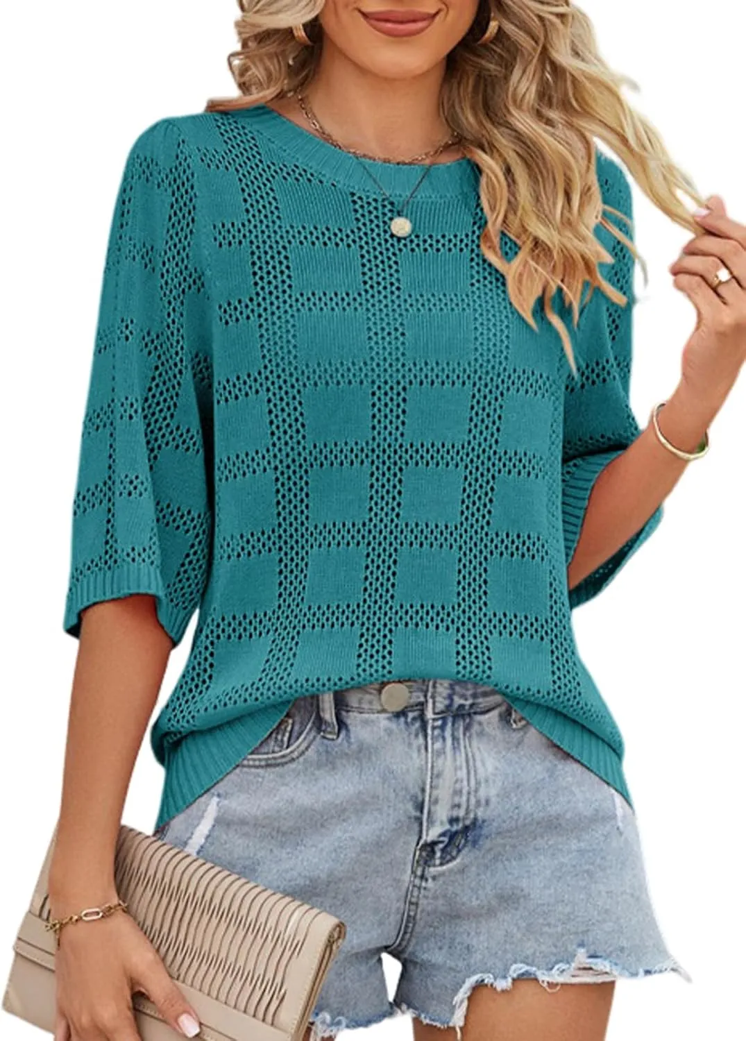 Dokotoo Women's Casual Short Sleeve Loose Tunic Tops Lightweight Crochet Knit Summer Sweaters Blouses