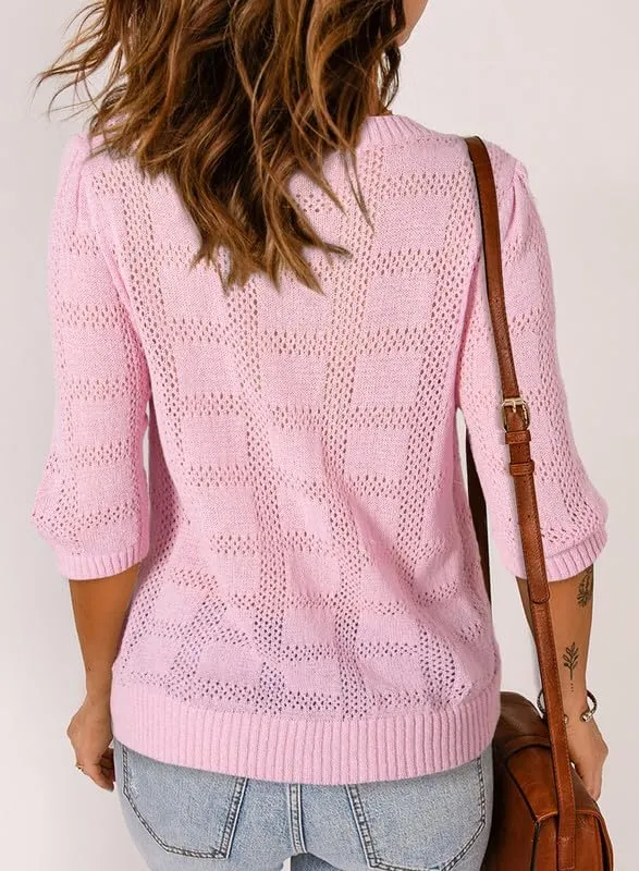 Dokotoo Women's Casual Short Sleeve Loose Tunic Tops Lightweight Crochet Knit Summer Sweaters Blouses