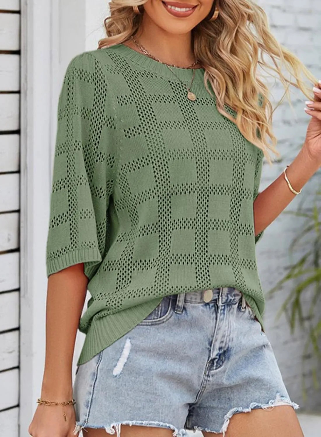 Dokotoo Women's Casual Short Sleeve Loose Tunic Tops Lightweight Crochet Knit Summer Sweaters Blouses