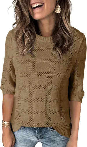 Dokotoo Women's Casual Short Sleeve Loose Tunic Tops Lightweight Crochet Knit Summer Sweaters Blouses