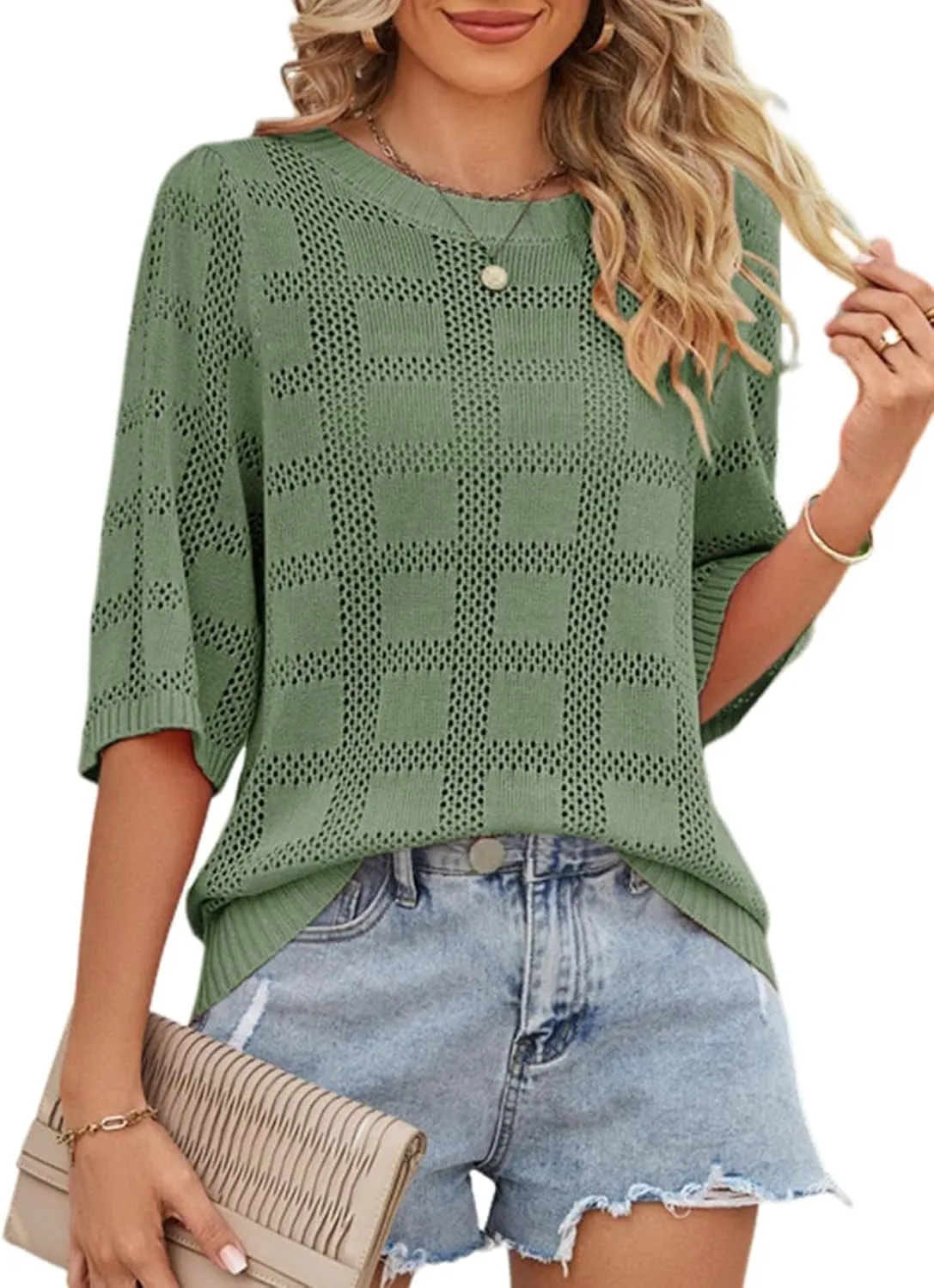 Dokotoo Women's Casual Short Sleeve Loose Tunic Tops Lightweight Crochet Knit Summer Sweaters Blouses