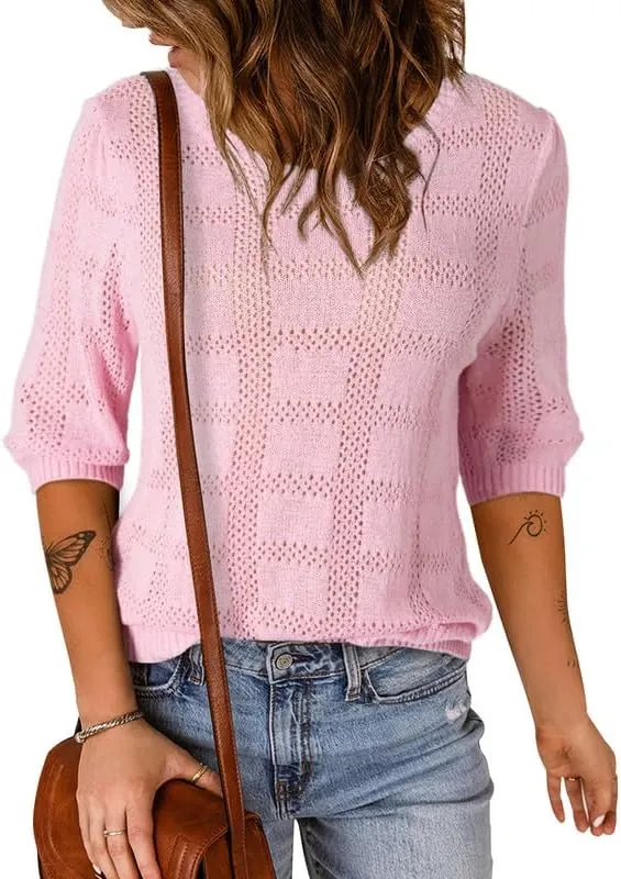 Dokotoo Women's Casual Short Sleeve Loose Tunic Tops Lightweight Crochet Knit Summer Sweaters Blouses